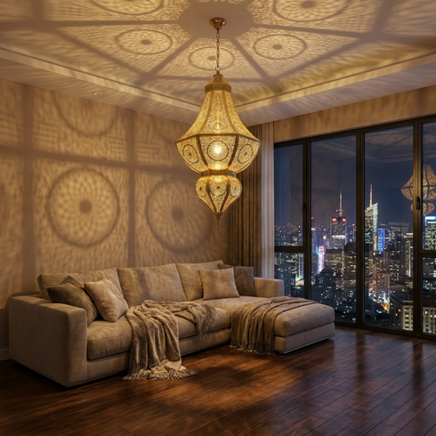 Moroccan Chandelier – Brass Filigree Openwork Shadow-Casting