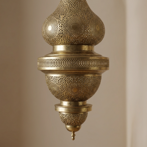 Authentic Moroccan Lighting – Gold Brass Pendant Lamp with Hand-Hammered Filigree Design for Living Room Decor