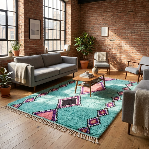Handmade Azilal Rug – Colorful Shaggy Wool Area Rug with Vibrant Geometric Pattern