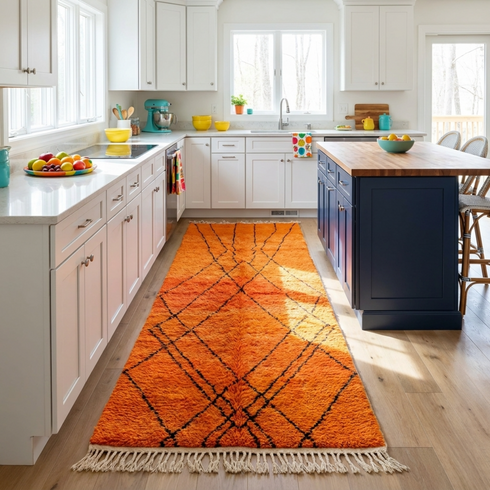 Authentic Moroccan Area Rug – Plush Shaggy Wool Rug in Vibrant Orange for Modern Boho Living Room Decor