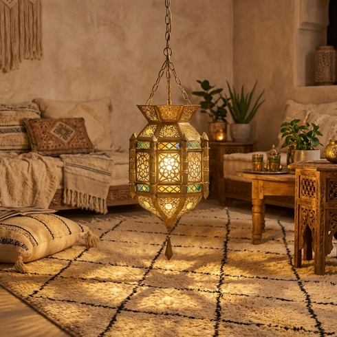 Moroccan Lamp with Colored Glass – Hanging Pendant Light (pl-2017)