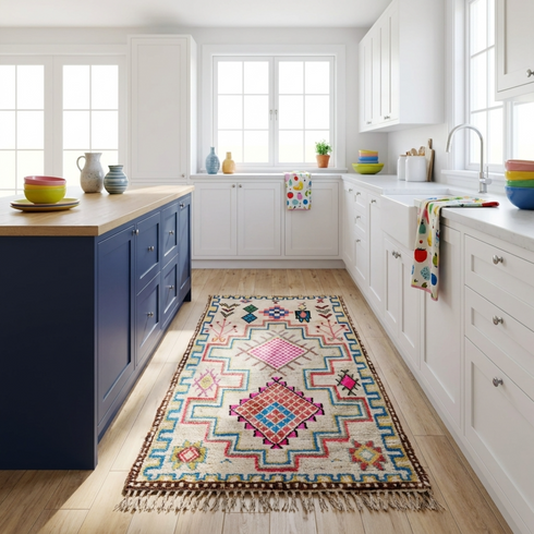 Authentic Handmade Azilal Rug – Natural Wool Moroccan Rug with Vibrant Tribal Geometric Design