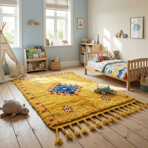 Moroccan Kilim Rug – Yellow Flatweave Diamond Wool Area Rug