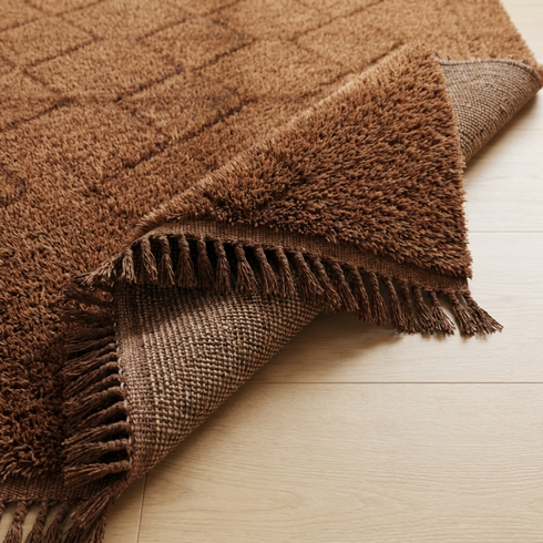 Brown Moroccan Berber Rug - High Pile Natural Wool - Modern Plush Living Room Decor
