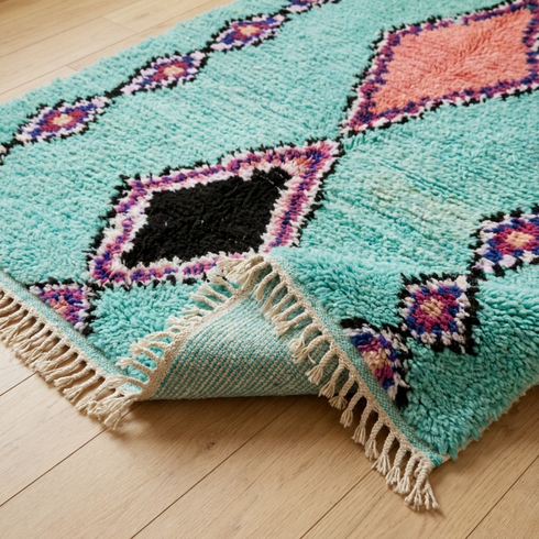 Boujaad Rug – Turquoise Shaggy Diamond Wool Area Rug
