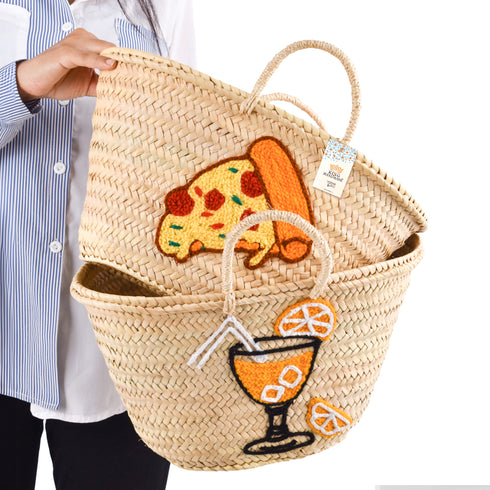 Summer Pizza Party Basket embroidered slice of pizza design, perfect accessory for foodies and sun-lovers!