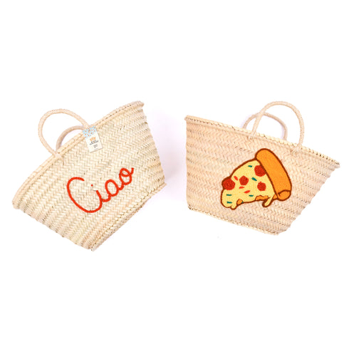 Summer Pizza Party Basket embroidered slice of pizza design, perfect accessory for foodies and sun-lovers!