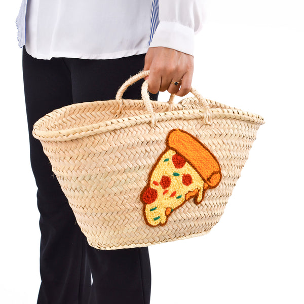 Summer Pizza Party Basket embroidered slice of pizza design, perfect accessory for foodies and sun-lovers!