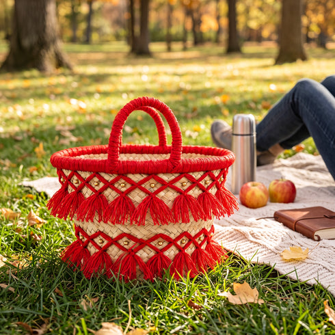 Fire red tassel straw basket with gold beads at an autumn park picnic with apples, a thermos and fallen leaves