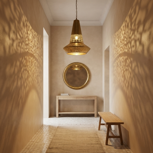 Authentic Handmade Moroccan Lamp – Oxidized Brass Teardrop Chandelier with Intricate Filigree Design for Dining Room Decor
