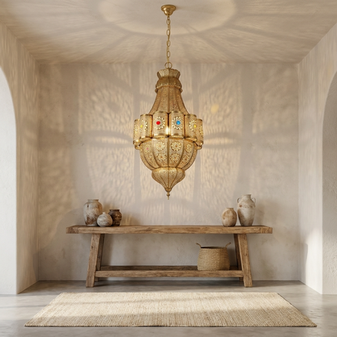 Filigree Moroccan Chandelier – Brass Openwork Lamp Living Room