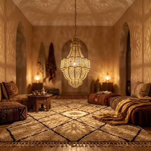 Filigree Moroccan Chandelier – Brass Openwork Lamp Living Room