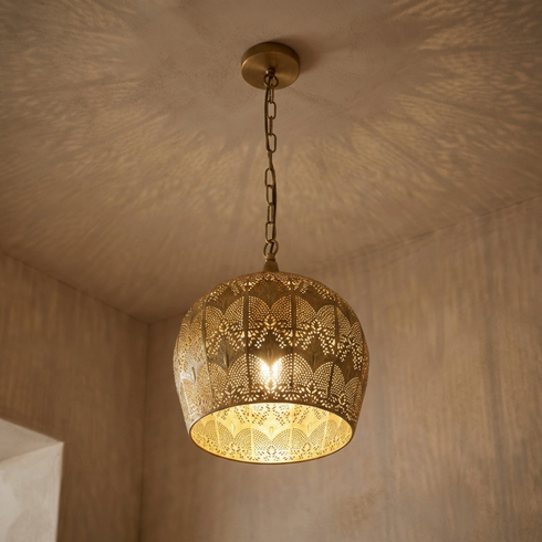 Handmade Moroccan Lamp - Gold Brass Pendant - Boho Kitchen Lighting