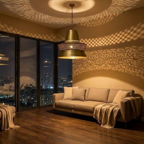 Filigree Moroccan Pendant Light – Brass Openwork Lamp Shadow-Casting