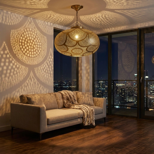 Moroccan Pendant Light – Filigree Brass Shadow-Casting Lamp Bedroom