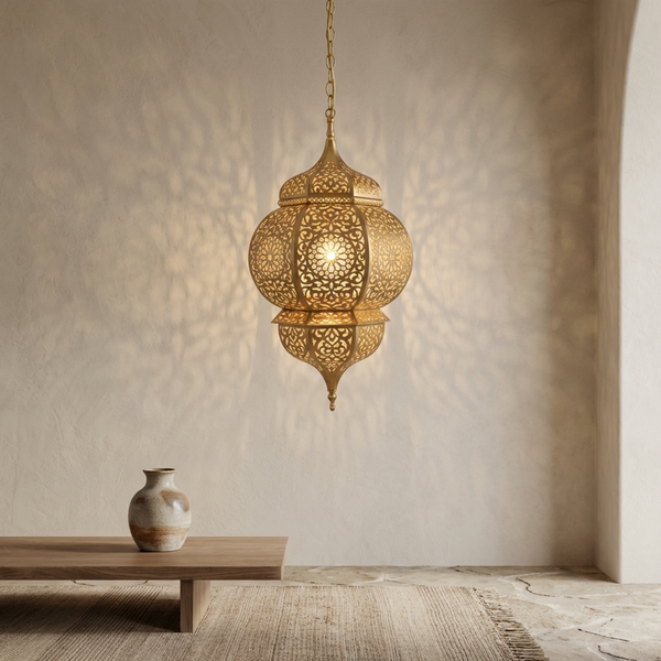 Handmade Moroccan Lamp - Gold Brass Pendant - Bedroom Mood Lighting