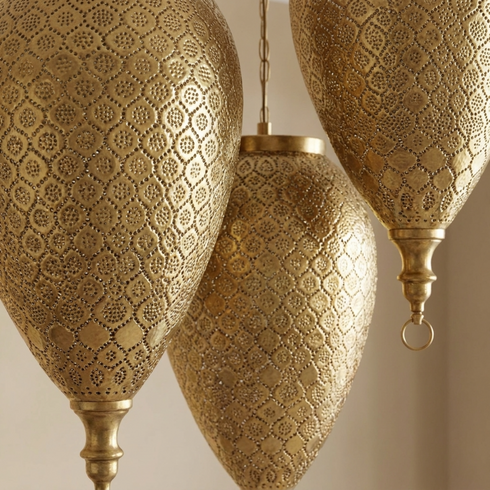 Authentic Custom Brass Chandelier – Gold Hand-Hammered Triple Teardrop Pendant Light for Boho Bedroom Mood Lighting