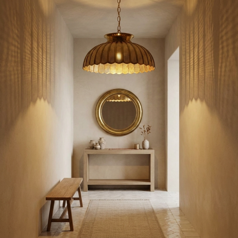 Authentic Handmade Moroccan Lamp – Gold Brass Dining Room Chandelier with Intricate Perforated Shadow Casting Design