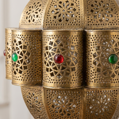 Handmade Moroccan Pendant Lamp – Gold Brass Statement Light with Filigree Pattern for Living Room Decor