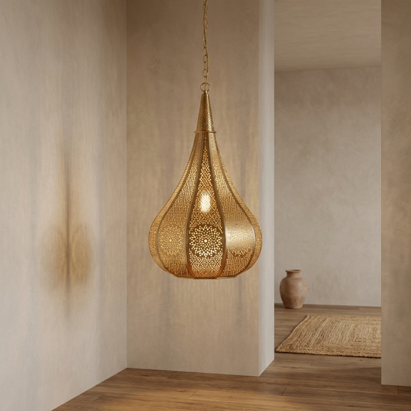 Authentic Moroccan Teardrop Hanging Lamp – Gold Brass Pendant Light with Artistic Shadow Casting Pattern