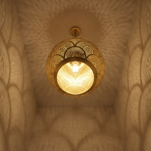Handmade Moroccan Ceiling Light – Brass Geometric Openwork