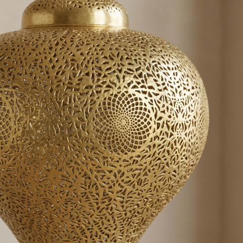Moroccan Pendant Light – Teardrop Brass Shadow-Casting Lamp Openwork
