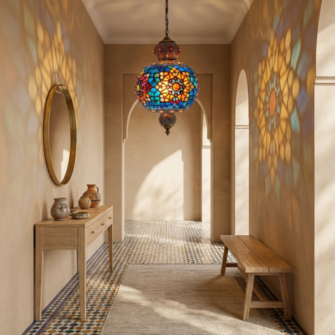 Authentic Handmade Moroccan Lamp – Solid Brass Mosaic Globe Pendant Light for Cozy Boho Bedroom Decor