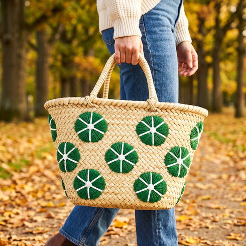 Straw Fall Tote Bag | Halloween Basket with Embroidered Flowers