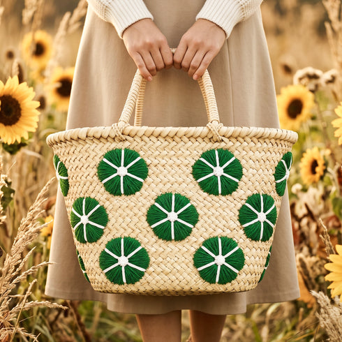 Straw Fall Tote Bag | Halloween Basket with Embroidered Flowers