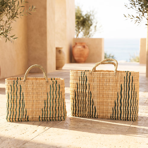 Green Stripe Moroccan Wicker Tote – Handwoven Wicker Summer Bag | Beach, Vacation & Bridesmaids Gift Basket