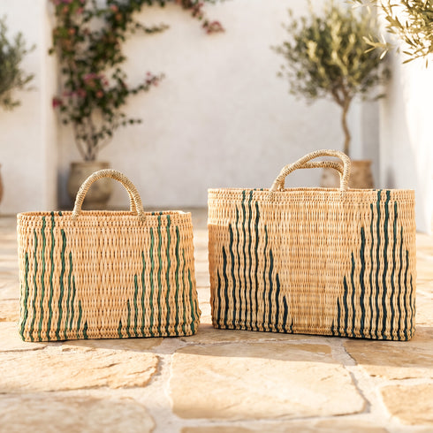 Green Stripe Moroccan Wicker Tote – Handwoven Wicker Summer Bag | Beach, Vacation & Bridesmaids Gift Basket