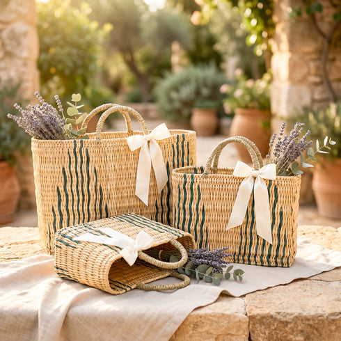 Green Stripe Moroccan Wicker Tote – Handwoven Wicker Summer Bag | Beach, Vacation & Bridesmaids Gift Basket