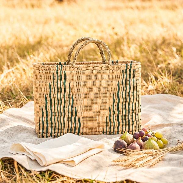 Green Stripe Moroccan Wicker Tote – Handwoven Wicker Summer Bag | Beach, Vacation & Bridesmaids Gift Basket