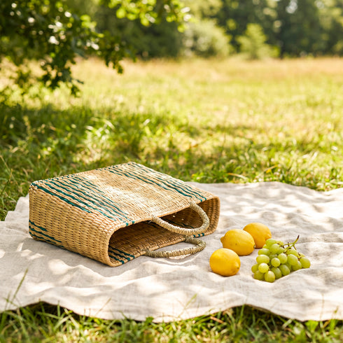 Green Stripe Moroccan Wicker Tote – Handwoven Wicker Summer Bag | Beach, Vacation & Bridesmaids Gift Basket