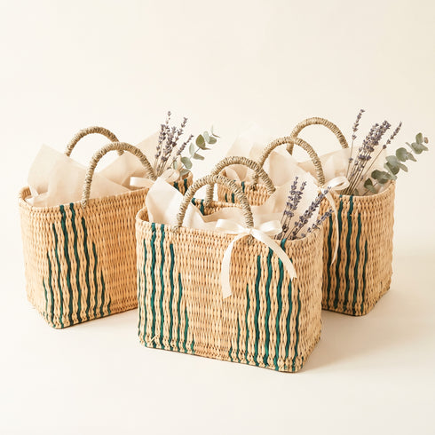 Green Stripe Moroccan Wicker Tote – Handwoven Wicker Summer Bag | Beach, Vacation & Bridesmaids Gift Basket