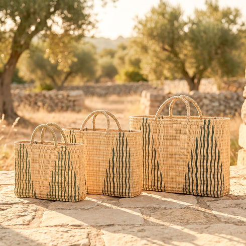 Green Stripe Moroccan Wicker Tote – Handwoven Wicker Summer Bag | Beach, Vacation & Bridesmaids Gift Basket