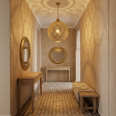 Authentic Moroccan Hanging Lamp – Hand-Hammered Brass Globe Pendant Light for Boho Bedroom Mood Lighting