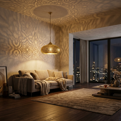 Authentic Moroccan Hanging Lamp - Gold Brass Pendant - Boho Bedroom Mood Lighting