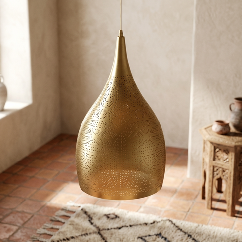 Gold Brass Teardrop Pendant Light – Decorative Shadow Casting Lamp for Kitchen Island Lighting