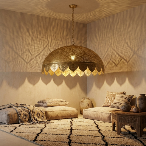 Authentic Handmade Moroccan Lamp – Gold Brass Pendant Light with Oversized Scalloped Dome for Living Room Decor