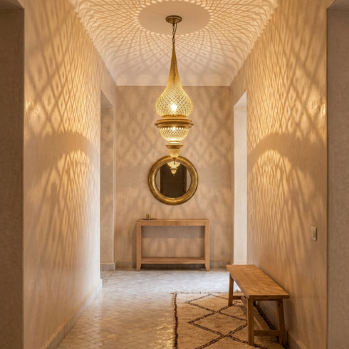 Authentic Teardrop Moroccan Hanging Lamp – Gold Brass Pendant Light with Intricate Filigree Shadow Casting for Living Room Decor