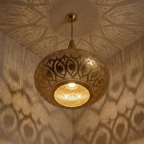 Moroccan Chandelier – Filigree Brass Openwork Lamp Statement Light