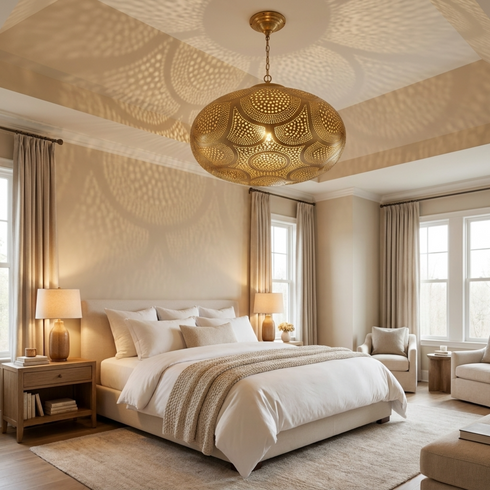 Moroccan Pendant Light – Filigree Brass Shadow-Casting Lamp Bedroom