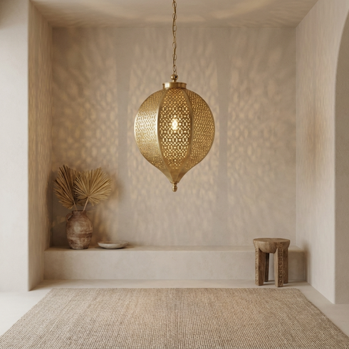 Authentic Handmade Moroccan Hanging Lamp – Gold Brass Teardrop Pendant Light for Boho Kitchen Island Decor