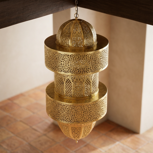 Authentic Handmade Moroccan Lamp – Gold Brass Multi-Tiered Pendant Light with Intricate Filigree Design for Living Room Decor