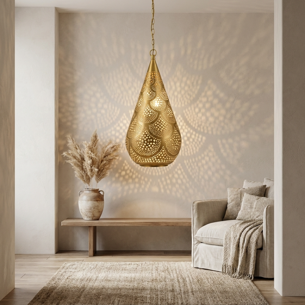 Moroccan Pendant Light – Brass Teardrop Perforated