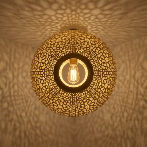 Authentic Handmade Moroccan Lamp – Gold Brass Globe Pendant Light for Elegant Living Room Statement Lighting
