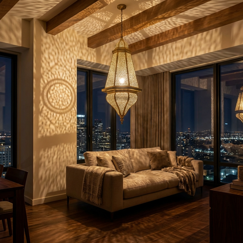 Authentic Moroccan Hanging Lamp - Gold Hand-Hammered Brass - Entryway Lantern