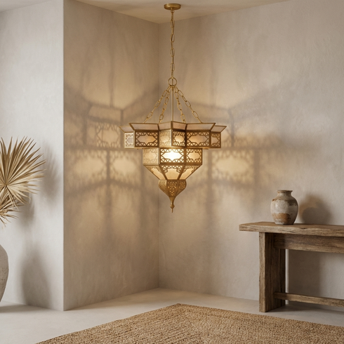 Handmade Moroccan Brass Pendant Lamp - Milky Glass Boho Light (pl-2018)