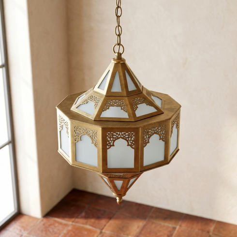 Handmade Moroccan Brass Lamp, Milky Glass Boho Lighting (pl-2021)